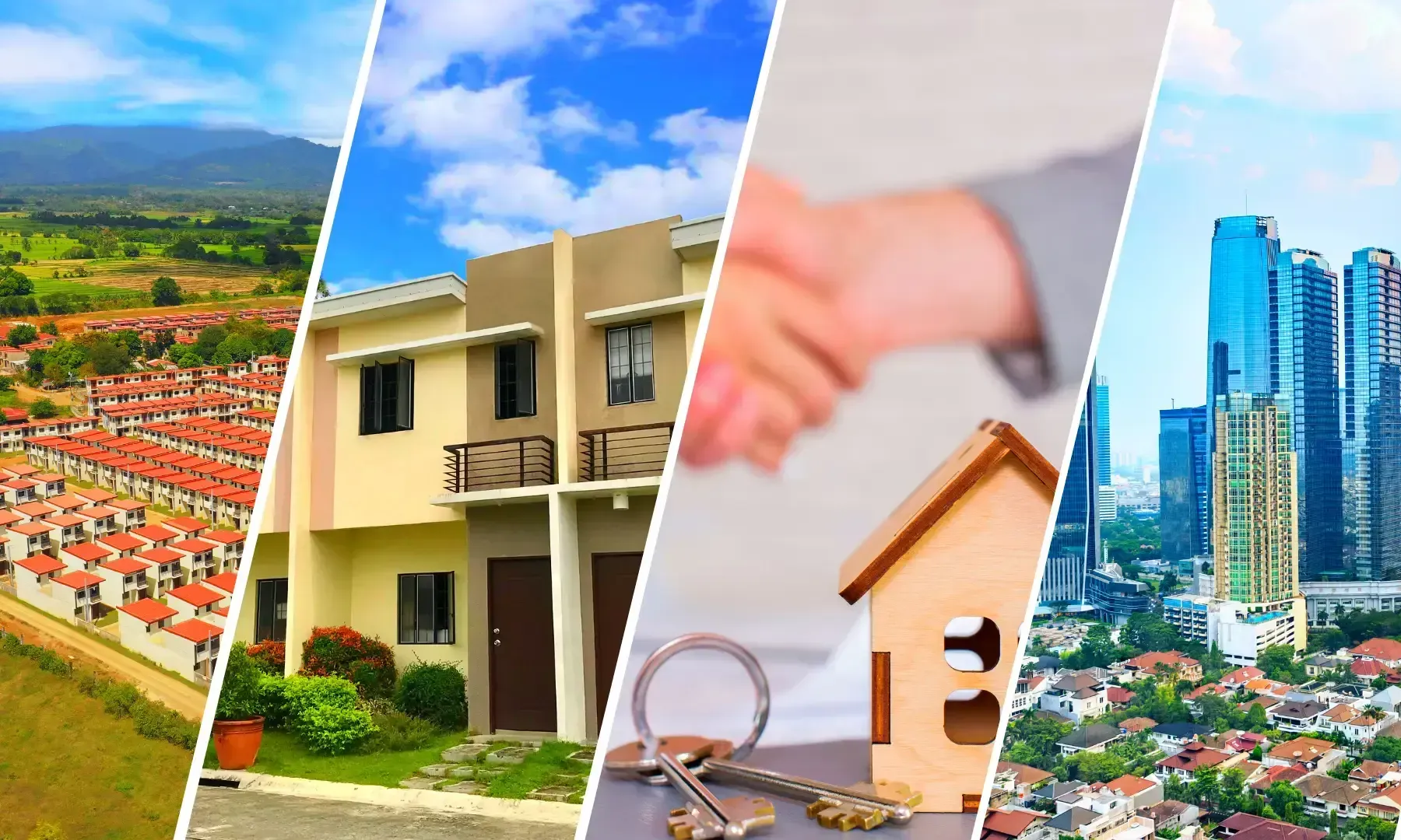 A real estate montage: houses, a handshake, keys, a city skyline, and landscape.